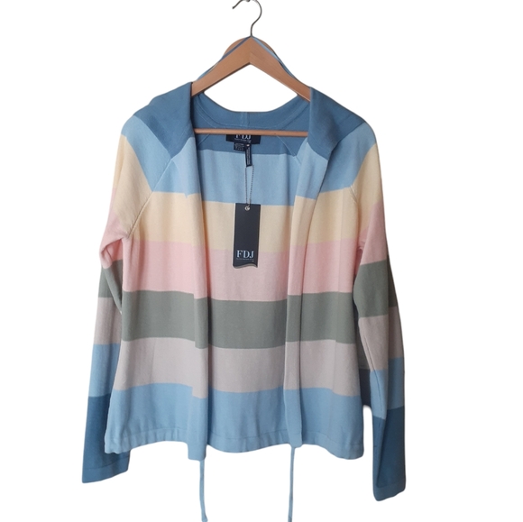 French Dressing Jeans FDJ Women's Knit Cardigan w Hood Block Stripes Size Medium - Picture 2 of 6